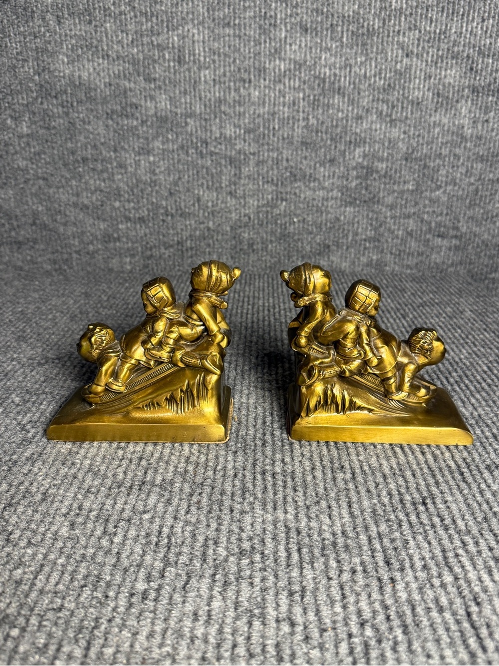 MCM PM Craftsman Brass Children Winter Sledding Bookends